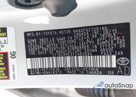 2015 Toyota Corolla Le из США, поврежденный, VIN 2T1BURHEXFC462694